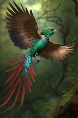 illustration, a resplendent flying quetzal, ai generative.