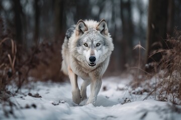 Obraz premium In a snowy wilderness, a wolf runs. Generative AI