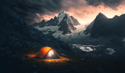 Summer camping at its finest: Dramatic evening sky and mountains