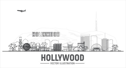 Hollywood LA (Los Angeles) line skyline in white background. Vector Illustration. Business travel and tourism concept with modern buildings. Image for banner or website.