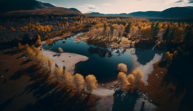 drone photography, mountain rivers and forests, cinematic shot. Picturesque nature photos from a drone