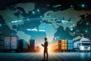 Manager or engineer checks logistics network distribution and logistics customer data on Import export global network background. Transport and logistics concept. AI generated illustration.