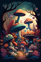 illustration, forest wonderland with mushrooms, ai generative.
