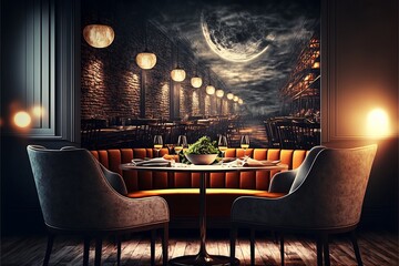 Sophisticated restaurant interior design with modern furniture and warm lighting