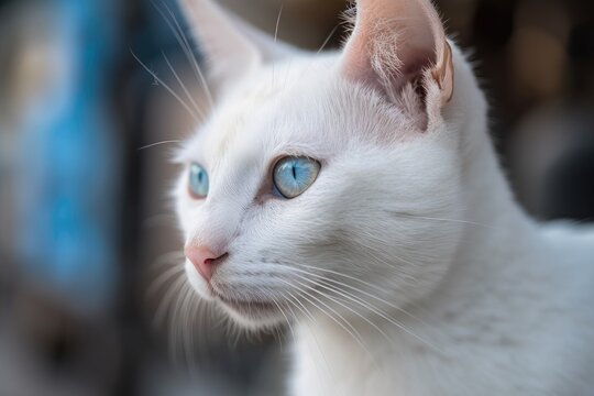 cat with blue eyes in street photo of a kitten. Generative AI
