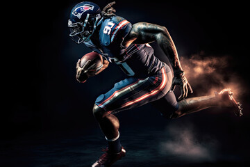 Fototapeta na wymiar american football player running on black background. AI generated illustration