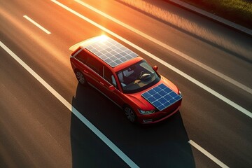 sustainable futuristic car with solar panels driving without a driver at sunset. generated AI