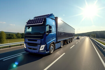sustainable truck with solar panels making a route on the highway. generated AI