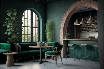 Fototapeta premium Rustic and cozy restaurant interior with wooden accents and soft lighting