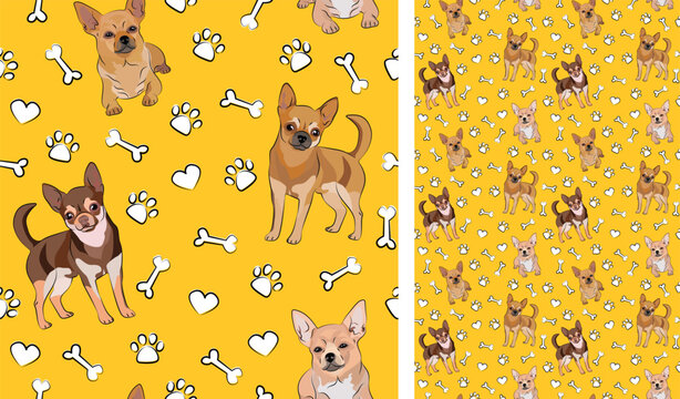 Chihuahua dog on a playful yellow background with bones and paws. Funky, colorful vibe, vibrant palette. Simple, clean, modern texture. Summer seamless pattern with dogs. Birthday present. Valentine.