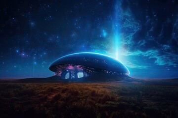 A futuristic spaceship cabin surrounded by a blue halo, the end of time, the last adventure through space. Generative AI.