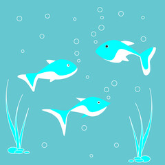 Set of small and large blue marine fish swim on blue background. Cartoon nautical characters live in ocean. Wild nature of aquatic environment.