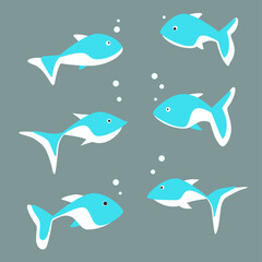 Set of small and large blue marine fish swim on blue background. Cartoon nautical characters live in ocean. Wild nature of aquatic environment.