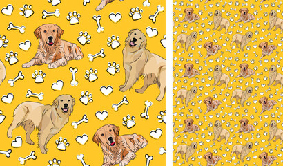 Golden retriever dog on a playful yellow background with bones and paws. Funky, colorful vibe, vibrant palette. Simple, clean, modern texture. Summer seamless pattern with dogs. Birthday present. Love