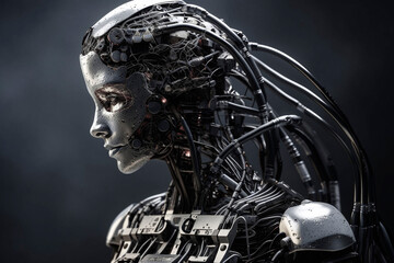 AI robot woman with mechanical wires and tubes , profile. generative Ai technology