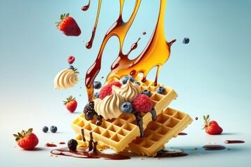 Flying waffles and butter getting dripped with maple syrup and berries over a pastel backgroun. AI generation - obrazy, fototapety, plakaty