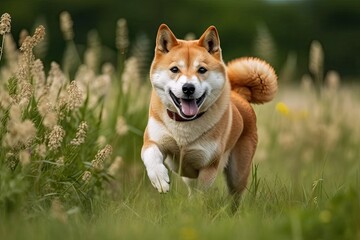 Japanese dog from Hokkaido running in the grass. Generative AI