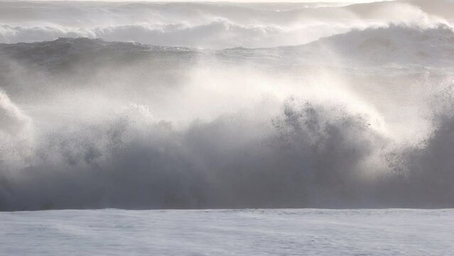 Powerful Ocean Waves Storm Atlantic Ocean Huge Waves Fabulous Sea Tide Sunny Day Crashing and Splashing Pure Cold Water Seascape Marine Iceland. Shot in 8k resolution 4320p