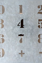 close up of a galvanized sheet metal stencil with numbers