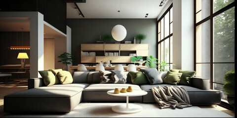 Living in Style: A Stunning Image of a Modern Living Room with Trendy Sofa and Furniture Generative AI
