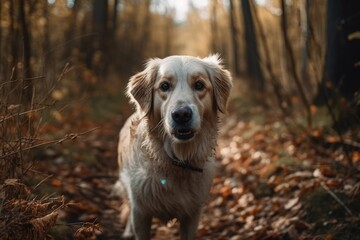The dog walks in the woods. Close up. Generative AI