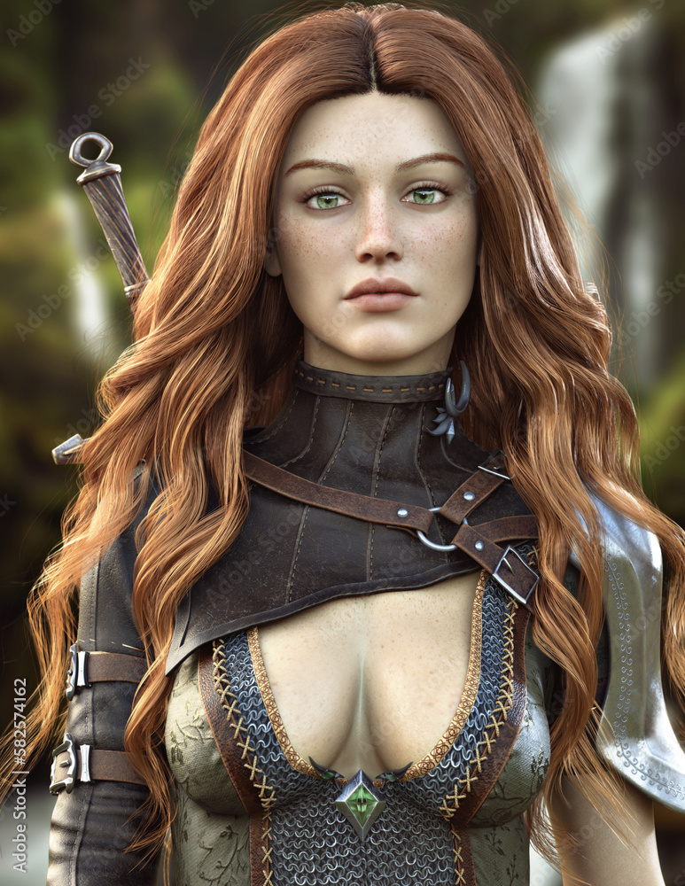 Wall mural Portrait of a fantasy female woodland elf ranger, wearing leather armor and equipped with a sword . 3d rendering
