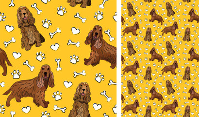 Cocker Spaniel dog on a playful yellow background with bones and paws. Funky, colorful vibe, vibrant palette. Simple, clean, modern texture. Summer seamless pattern with dogs. Birthday present.