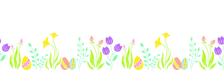 Easter seamless border with eggs and flowers on white background. Horizontal border for Easter decoration, card, banner, textile or other design. Vector illustration.