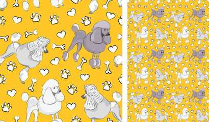 Fototapeta premium Poodle dog on a playful yellow background with bones and paws. Funky, colorful vibe, vibrant palette. Simple, clean, modern texture. Summer seamless pattern with dogs. Birthday present. Valentine,love