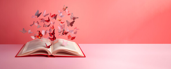 Storytelling book writing concept, romance theme, butterflies flying over open book illustration banner, copy space on pastel pink background. Generative AI