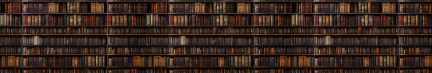 Book reading background, for library and bookshop, large horizontal bookshelf with old books aligned. Generative AI