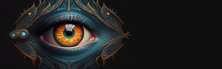 Artificial intelligence eye, concept, mystical eye design illustration, banner with copy space. Generative AI