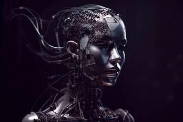 AI robot woman with mechanical wires and tubes , profile. generative Ai technology