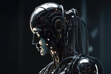 AI robot woman with mechanical wires and tubes , profile. generative Ai technology