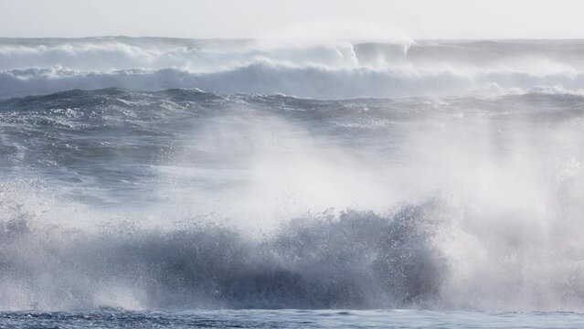 Powerful Ocean Waves Storm Atlantic Ocean Huge Waves Fabulous Sea Tide Sunny Day Crashing and Splashing Pure Cold Water Seascape Marine Iceland. Shot in 8k resolution 4320p