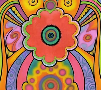 Big red flower and stylized psychedelic frame and abstract shapes in a retro 1960s style. A colored line drawing created with graphic painting software in an ink & watercolor style.