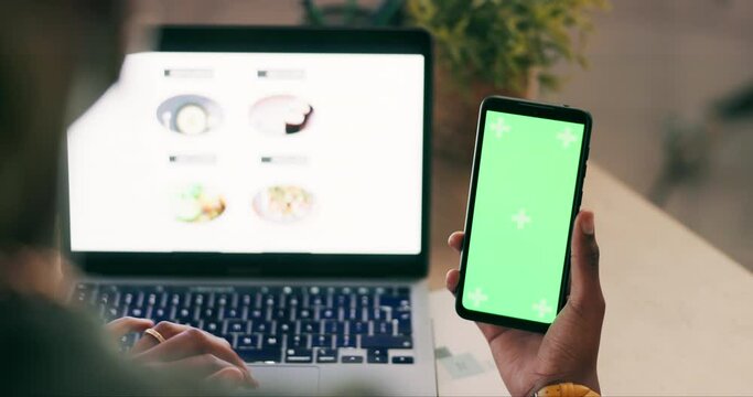 Laptop, green screen and phone in hands for food delivery order, restaurant menu and online shopping catalog. Person on ecommerce website or omnichannel choice for lunch on cellphone chromakey mockup