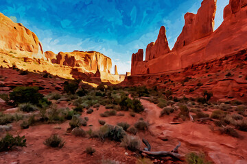 Digitally created watercolor painting of Park Avenue Trailhead with hiking trail in Arches National Park, Moab, Utah
