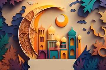 Arabic architecture, mosque, pattern and background. Ramadan Kareem Eid Mubarak Islamic holiday illustrations paper craft style. Generative ai.
