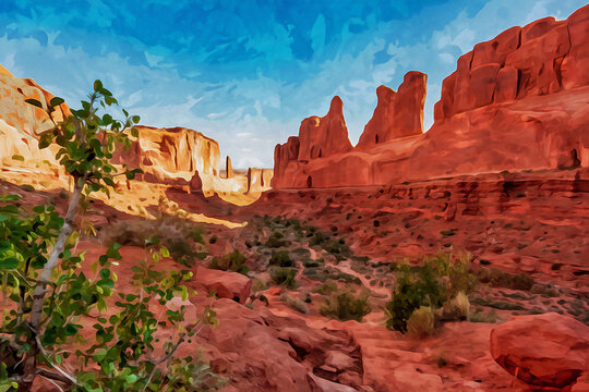 Digitally created watercolor painting of Park Avenue Trailhead view in Arches National Park, Moab, Utah