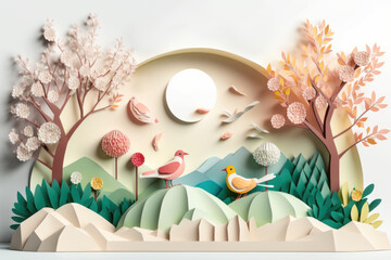 Spring season nature plant and birds on white background in pastel color and paper craft style. Generative ai.