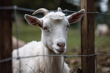 Obraz premium Little white goat in a goat farm or zoo fence. Generative AI