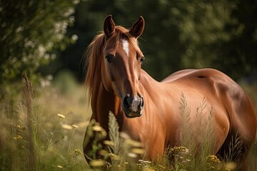 In a meadow, a brown horse is grazing. Generative AI