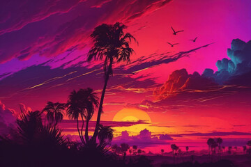 Obraz na płótnie Canvas Beautiful colorful trendy viva magenta color sunset sky landscape. Generative ai.