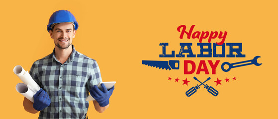 Banner for Labor Day with male architect on orange background