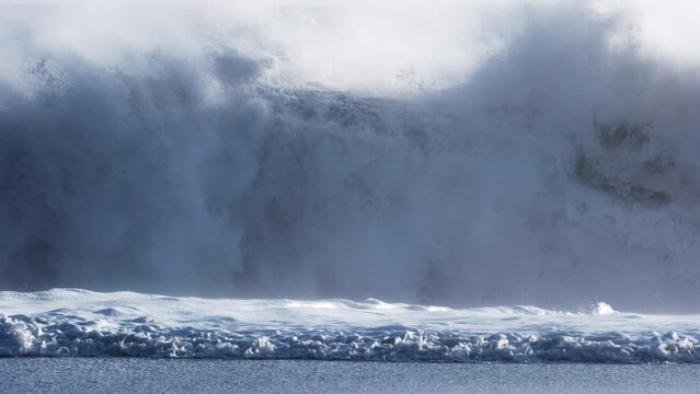 Powerful Ocean Waves Storm Atlantic Ocean Huge Waves Fabulous Sea Tide Sunny Day Crashing and Splashing Pure Cold Water Seascape Marine Iceland. Shot in 8k resolution 4320p