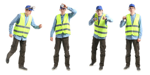 Collage of male worker in safety vest and with flashlights on white background