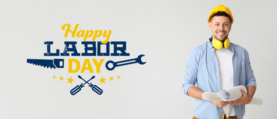 Banner for Labor Day with male architect on light background