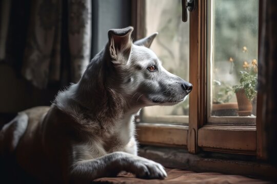 An inbred dog is sitting and gazing out the window. the idea of guarding abandoned animals. Generative AI
