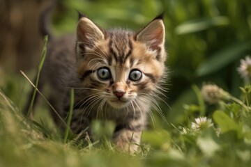 Naklejka na ściany i meble kitten running and rolling on grass. Generative AI
